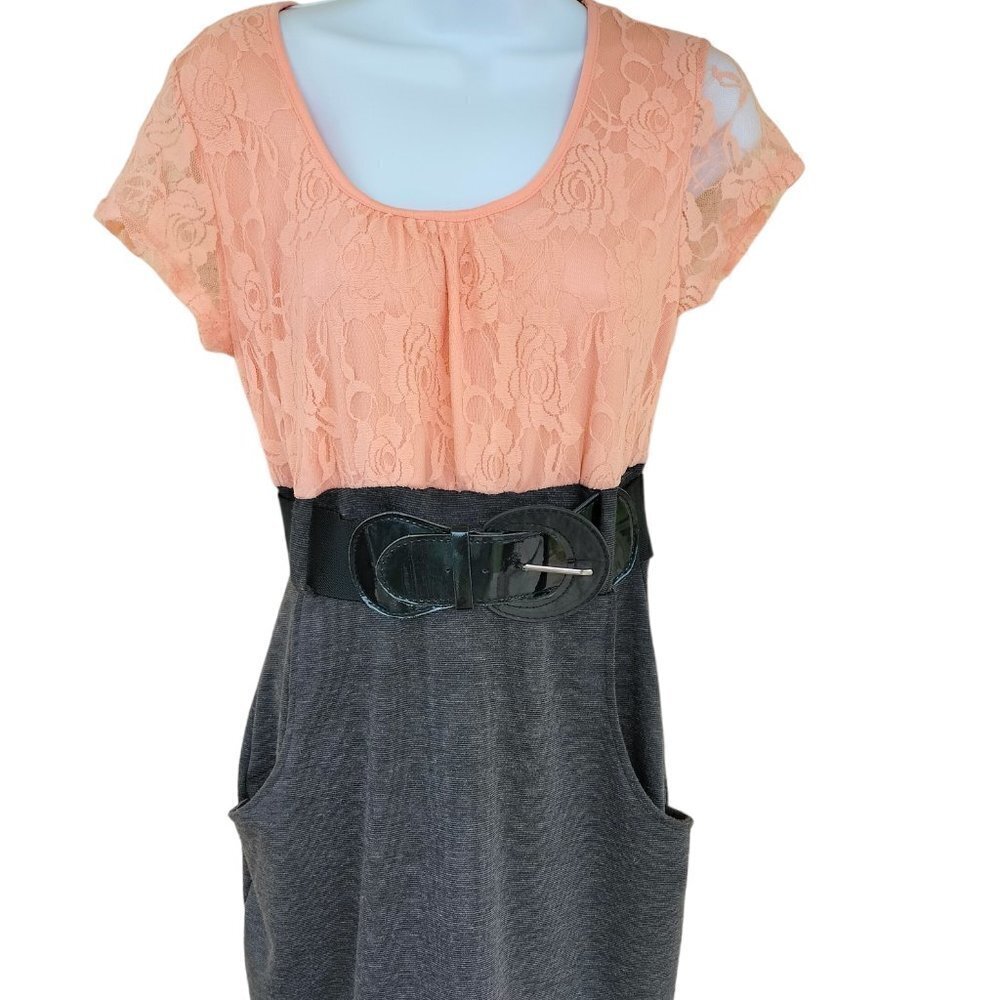 (340)Dotted Embroidered Comfy Belted Dress Junior Size L
